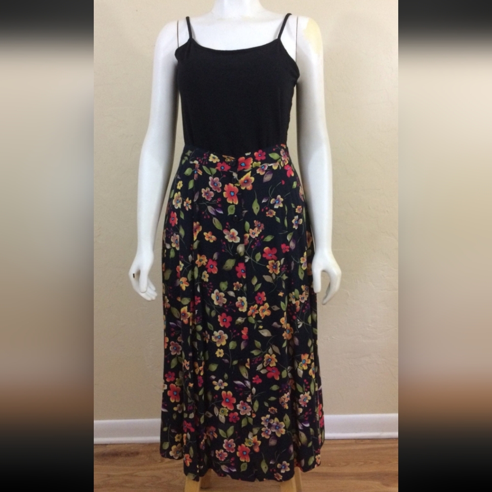 🖤🏵️ VTG Sag Harbor Petite 100% Rayon Floral Button Front Midi Skirt, M